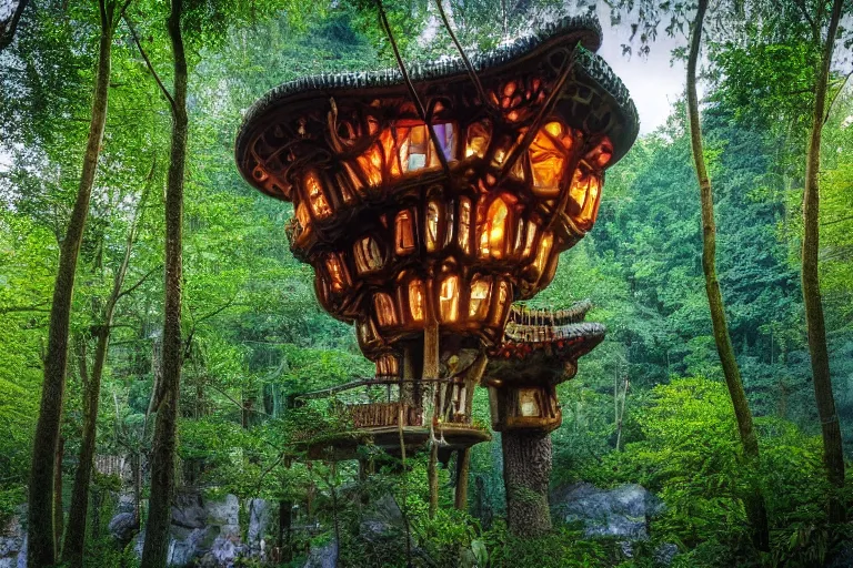 Prompt: treehouses from gaudi in a deep mystical forest, floating chinese lampoons, lake, waterfall, dynamic lighting, blockhaus architecture, night mood
