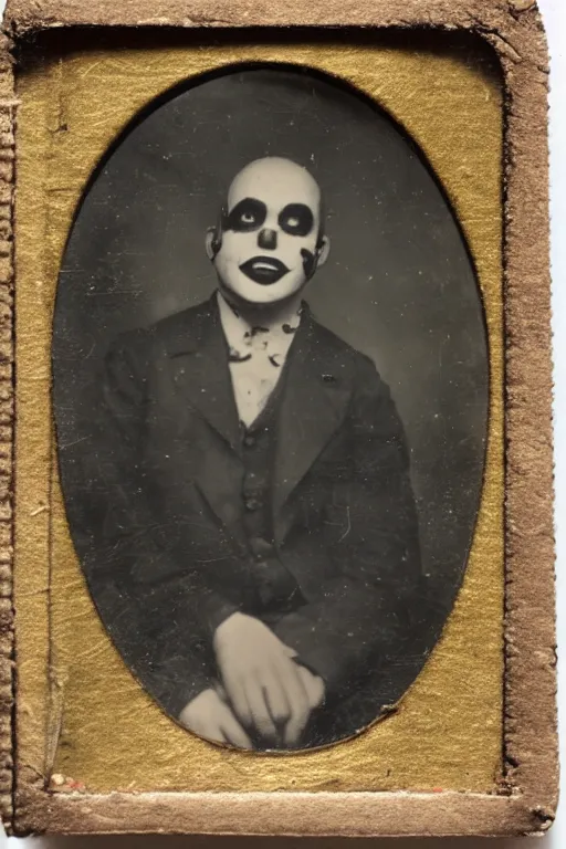 Prompt: a tintype photo of a clown