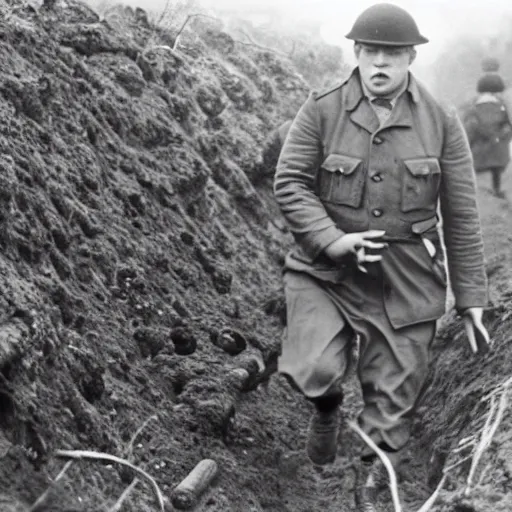 Prompt: Boris Johnson in the trenches, running away and being a coward, vintage 1920s photo