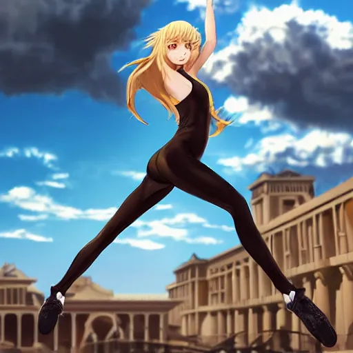 Image similar to blonde - haired princess, anime princess, wearing skinsuit, action pose, parkour, plaza, greco - roman pillars, golden hour, partly cloudy sky, sepia sun, strong lighting, strong shadows, vivid hues, ultra - realistic, sharp details, subsurface scattering, intricate details, hd anime, 2 0 1 9 anime