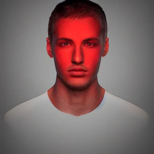 Prompt: male photorealistic portrait, caustics, micro details, blurred background. global illumination, red glowing eyes