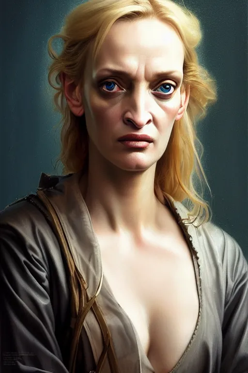 Prompt: baroque oil painting character headshot portrait concept art, uma thurman, sad expression, realism key visual of young female mechanic, oily coveralls, holding spanner, studio soft light directed, gaze finely detailed perfect face, long flowing blonde hair, blue eyes, trending on pixiv fanbox, painted by greg rutkowski