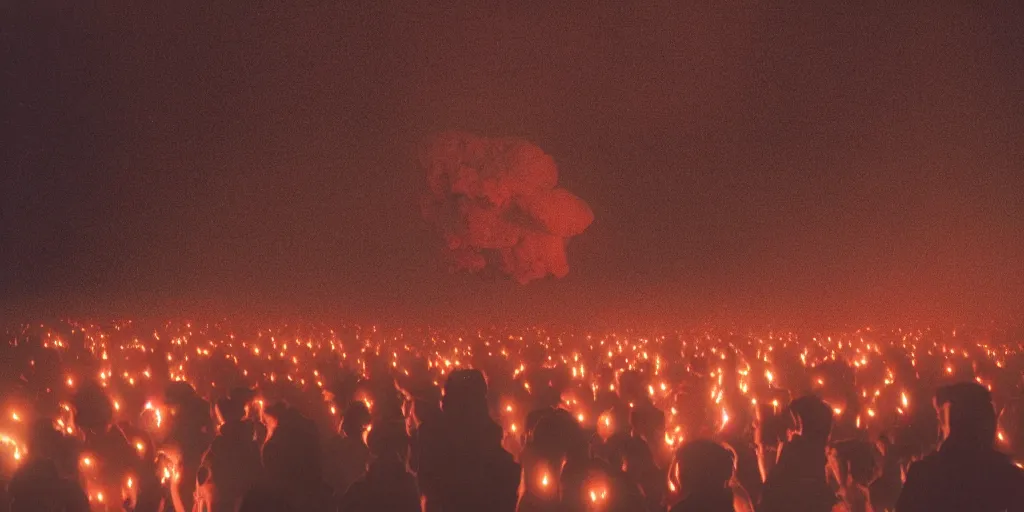 Prompt: A levitating crowd of people made from bright glowing volcanic stones floating in the air, storm clouds raining bright lava from the sky, Swelling waves, 8k photorealistic, dramatic lighting, chiaroscuro, William Eggleston