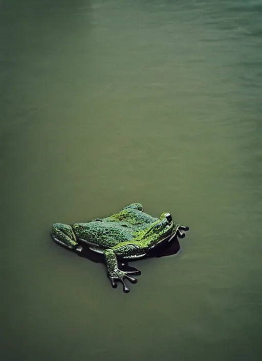 Image similar to “semitranslucent smiling frog vertically hovering over misty lake waters in crucifix pose, low angle, long cinematic shot by Andrei Tarkovsky, paranormal, eerie, mystical”