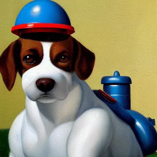 Prompt: a plumber-dog by Raphael, Hopper, and Rene Magritte. detailed, romantic, enchanting, trending on artstation.
