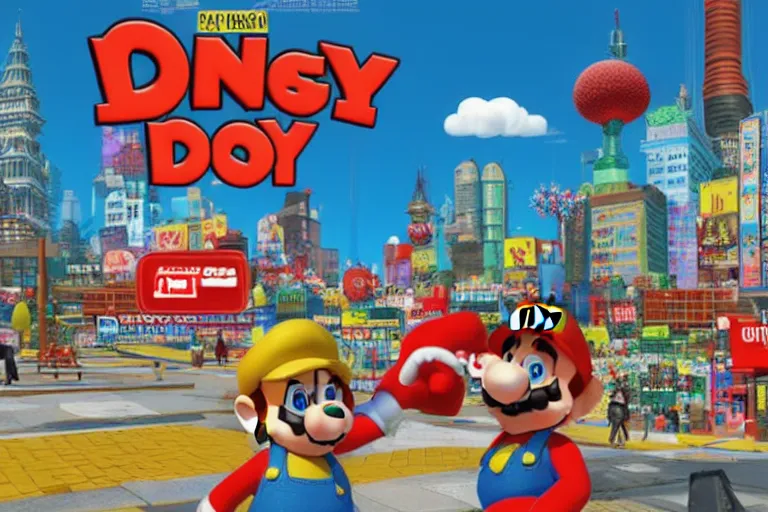 Image similar to an in game new donk city landscape from super mario odyssey, super mario odyssey art style.