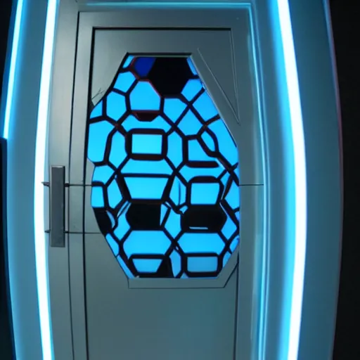 Image similar to a blue hexagonal door from the movie tron : legacy