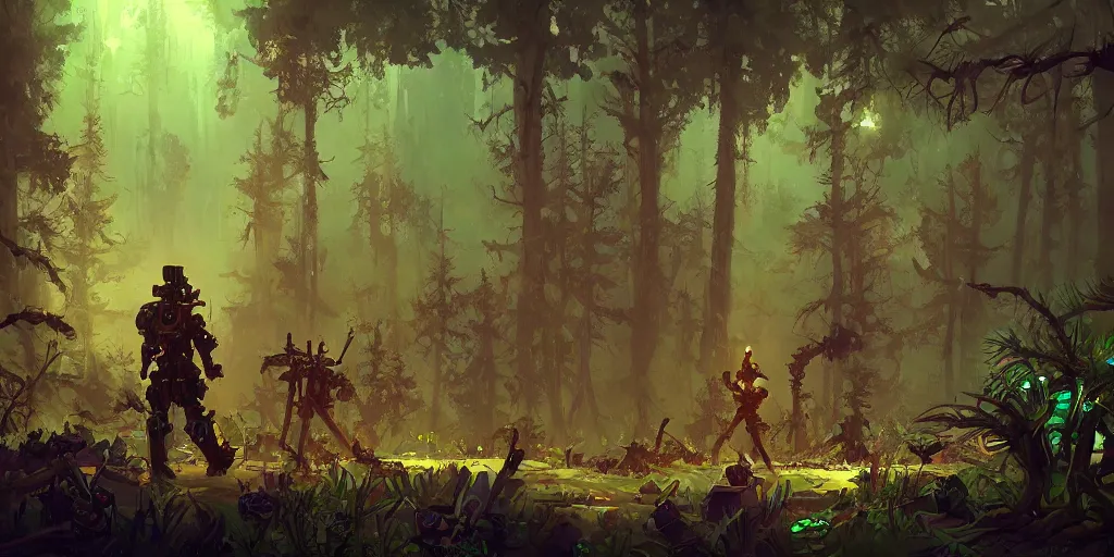 Prompt: guerrillas reed - people surrounded robot in futuristic spiritual mystical post apocalyptic forest drawn by ron gilbert, dim painterly volumetric aquatic lighting, scenic, beautiful, crisp, artstation, highly detailed