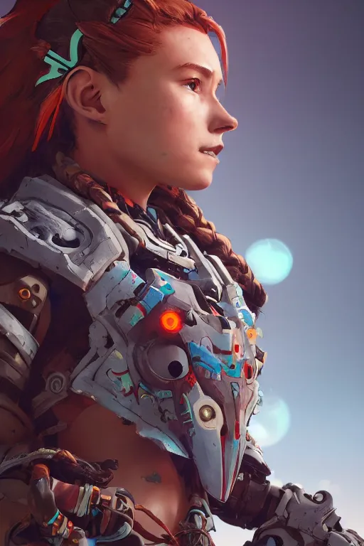 Image similar to combination suit armor aloy horizon forbidden west horizon zero dawn robot ninja mask helmet backpack tribal, aesthetic octane render, 8 k hd resolution, by ilya kuvshinov and cushart krentz and gilleard james radiating a glowing aura cgi rtx 2 0 2 2