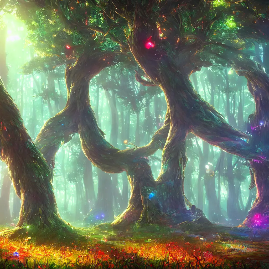 Image similar to huge trees, misty nighttime. radiating colorful energy. photorealistic, moody atmosphere, volumetric shading, holographic undertones, intricate and detailed, highly saturated colors. ori and the blind forest, breath of the wild style, studio ghibli!!!. trending on artstation. award winning, awe inspiring, daily deivation