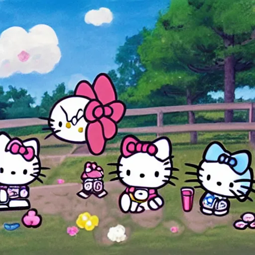 Prompt: painting of hello kitty and hello kitty friends and sanrio characters and playing outside on a sunny day, adventures of hello kitty and friends, by makoto shinkai, by sanrio