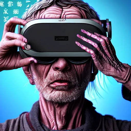 Image similar to Colour Photography of 1000 years old man with highly detailed 1000 years old face wearing higly detailed cyberpunk VR Headset designed by Josan Gonzalez Many details. Man raging screaming . In style of Josan Gonzalez and Mike Winkelmann andgreg rutkowski and alphonse muchaand Caspar David Friedrich and Stephen Hickman and James Gurney and Hiromasa Ogura. Rendered in Blender