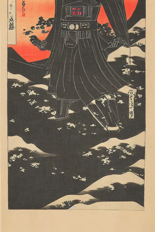 Image similar to Japanese woodblock print of Darth Vader, Hokusai