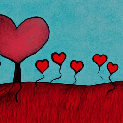 Image similar to primary school on a hill, red hearts, sadness, dark ambiance, concept by godfrey blow, featured on deviantart, drawing, sots art, lyco art, artwork, photoillustration, poster art