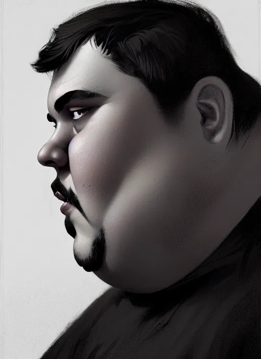 Prompt: portrait of a chubby man with a crooked nose and a confident expression, 1 9 6 0 s, black clothes, goth, punk, funk, intricate, elegant, highly detailed, digital painting, artstation, concept art, smooth, sharp focus, illustration, art by wlop, mars ravelo and greg rutkowski