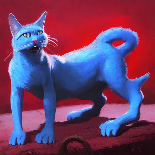 Image similar to blue cat eating red sable painting by eddie mendoza, greg rutkowski