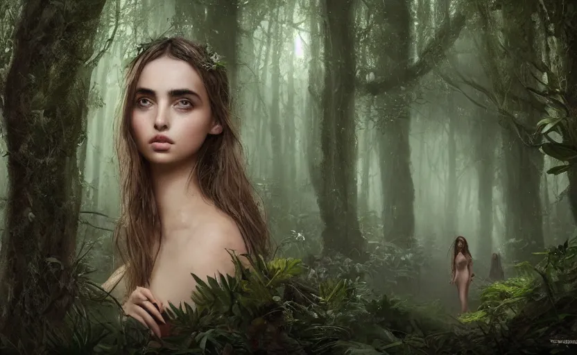 Image similar to a forest nymph in an ancient bioluminescent forest, ana de armas, flawless symmetrical pretty cute face, greg rutkowski, 8 k, shallow depth of field, intricate detail, concept art,