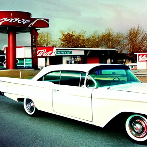 Image similar to 3 5 mm film photo of a white 1 9 6 0 s chevy impala with a red interior outside an old gas station