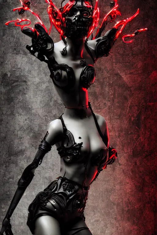 Prompt: full-body cyberpunk style sculpture of a young beautiful dark priestess, half android with a head opening exposing circuitry, glowing red eyes, black roses, flowing blood-red colored silk fabric, candles. baroque elements, human skull. full-length view. baroque element. intricate artwork by caravaggio. crows flying in background. Trending on artstation, octane render, cinematic lighting from the right, hyper realism, octane render, 8k, depth of field, 3D