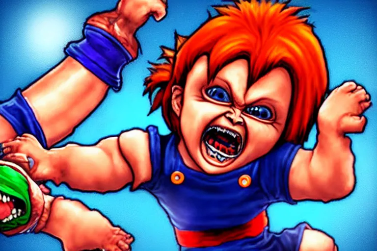 Image similar to screaming chucky doll as a character in street fighter arcade game