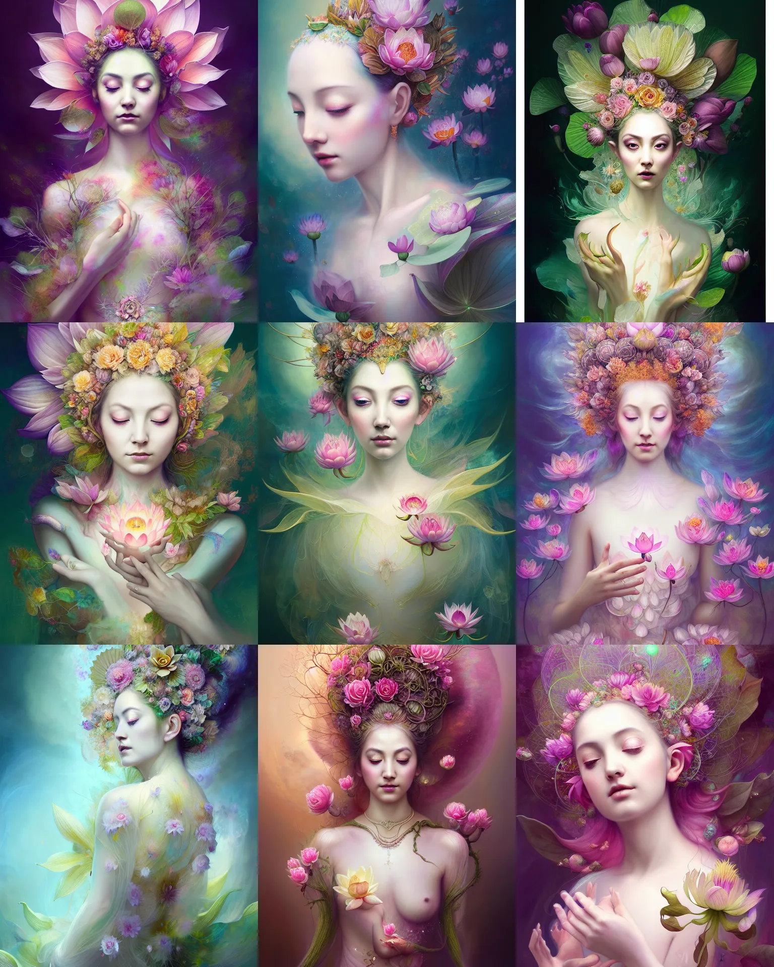 Prompt: Full View realistic Portrait ethereal lotus flower dryad wearing beautiful dress, deity of lotus flowers beautiful dress, meditation, 4k digital masterpiece by Anna Dittman and Alberto Seveso Ruan Jia, rossdraws, fantasycore, Hyperdetailed, realistic oil on linen, soft lighting, Iconography background, featured on Artstation