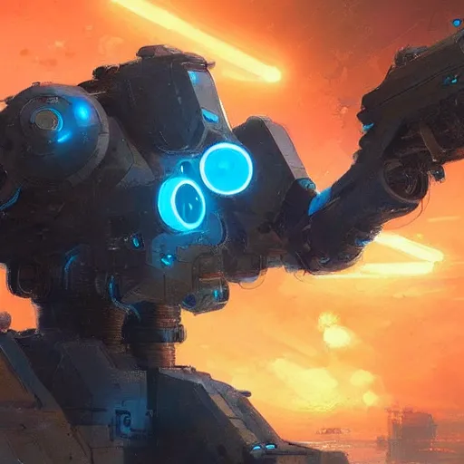 Prompt: A loose Cannon friendly mech with glowing blue eyes, Illustration, By Greg Rutkowski