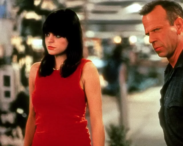 Image similar to film still of zooey channel as bruce willis in die hard