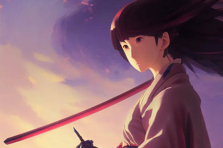 Image similar to baroque oil painting of anime key visual concept art of a samurai girl, very anime, stars vackground, trending on artstation, oil on canvas, style of makoto shinkai greg rutkowski studio ghibli