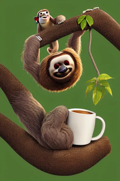 Image similar to a happy sloth climbing a tree with a cup of coffee. Pixar Disney 4K 3d render funny animation movie Oscar winning trending on ArtStation and Behance. Ratatouille style.