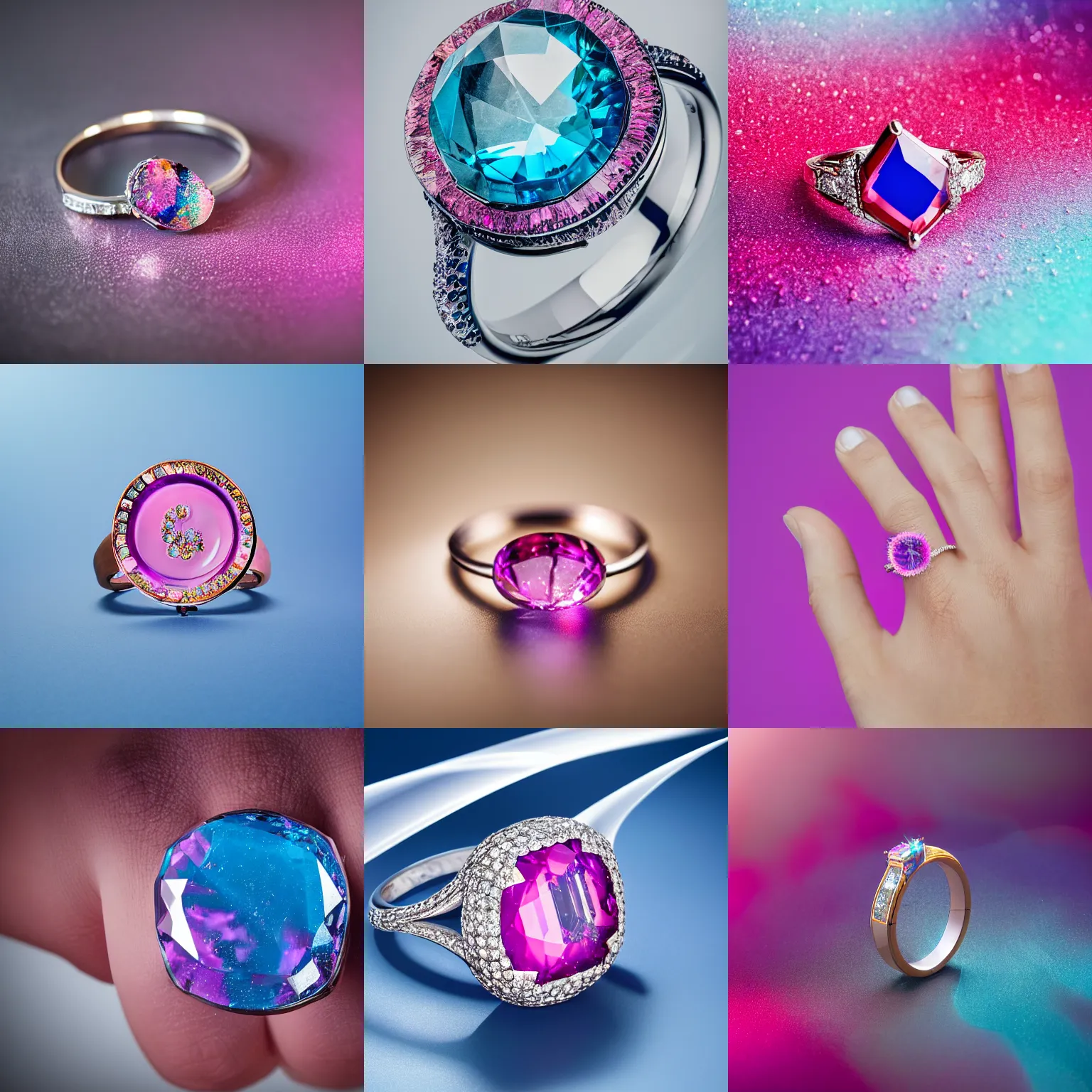 Prompt: A magical ring made of crystal, 3mm thick, worn on a human finger. A pink and blue tornado rages in the crystal interior. 4K 85mm, f/8, studio lighting, jewellery photo