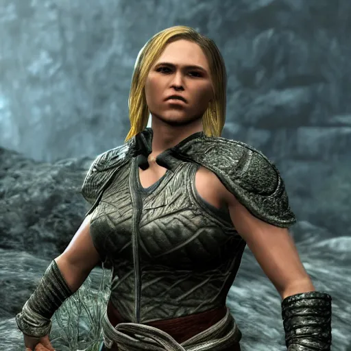 Prompt: character screenshot of ufc ronda rousey dc in skyrim, female armor, npc talking, wilderness, 1 0 8 0 p, bokeh, elder scrolls v, detailed, dialog text