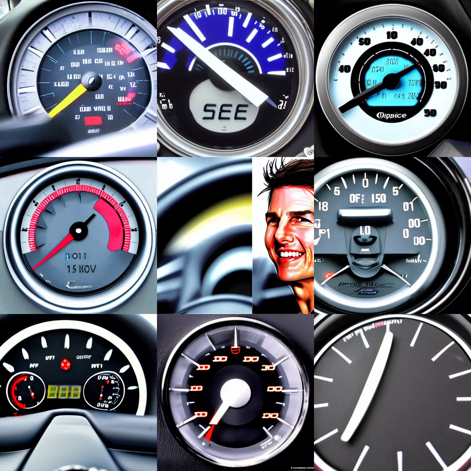 Prompt: tom cruise face in a speedometer, car speed controls, dials