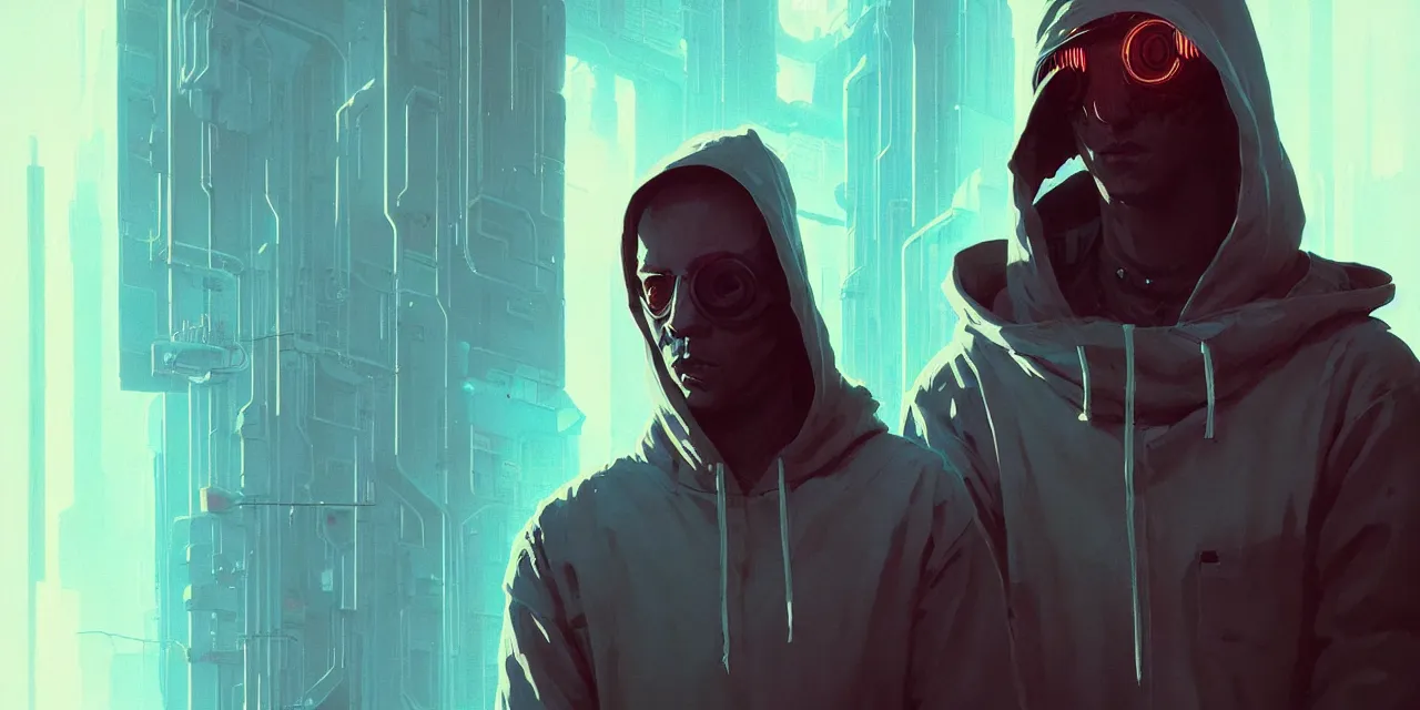 Image similar to cyberpunk synth, hyper - realistic portrait of a man in a hoodie, cyberpunk, by atey ghailan, by greg rutkowski, by greg tocchini, by james gilleard, by joe fenton, by kaethe butcher, dynamic lighting, gradient light blue, brown, blonde cream and white color scheme, grunge aesthetic