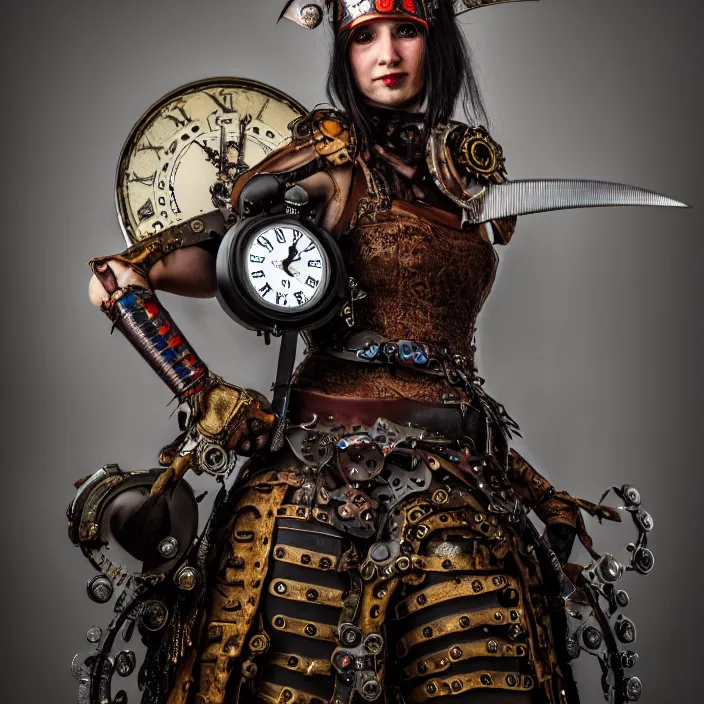 Image similar to full length photo of a real - life beautiful clockpunk warrior, 8 k, hdr, smooth, sharp focus, high resolution, award - winning photo