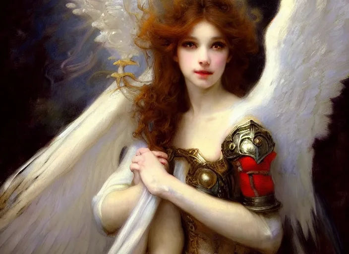 Prompt: horizontal portrait of an angel knight gothic girl in dark and white dragon armor, rococo outfit. by gaston bussiere, by rembrandt, 1 6 6 7, artstation trending, blue light, by konstantin razumov *