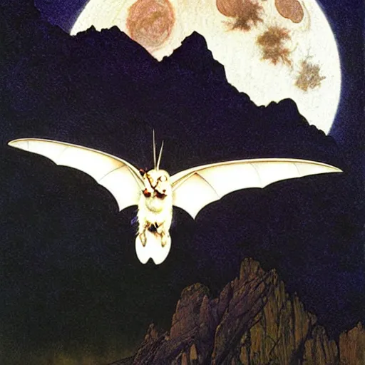 Image similar to hyper realistic white bat, flying against a dark black night sky, mountain in the background, moonlight, denoised, very detailed, painted by james gurney, alphonso mucha, norman rockwell, tom bagshaw