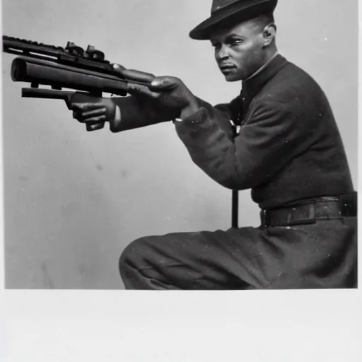 Prompt: a man pointing a pump action rifle at the camera, 120mm black and white photograph