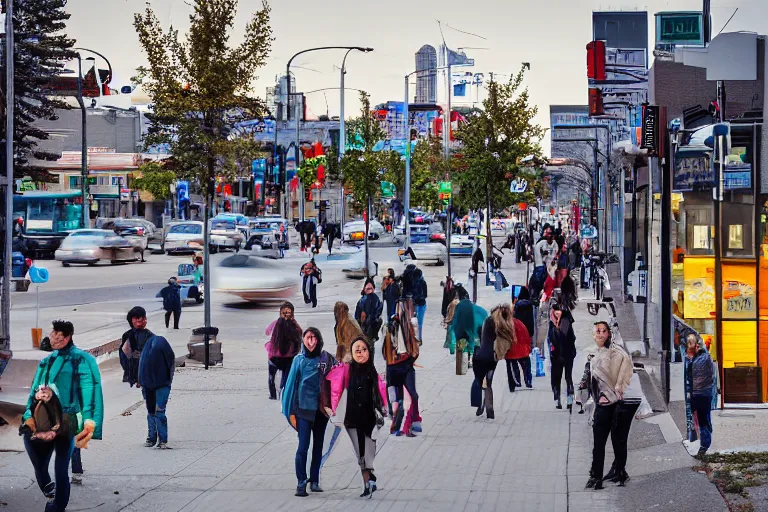 Image similar to photo of busy city street of Edmonton Alberta, young adults on sidewalks that are lined with stores and nightclubs, late evening time, high dynamic range color, medium contrast, 1/24 shutterspeed, sigma 24mm f8