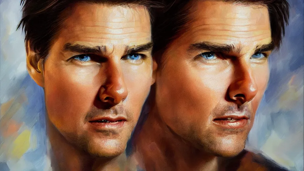 Prompt: The most beautiful studio portrait of Tom Cruise in the world; trending on artstation; oil on canvas; correct face; extraordinary masterpiece!!!!!!; 8k