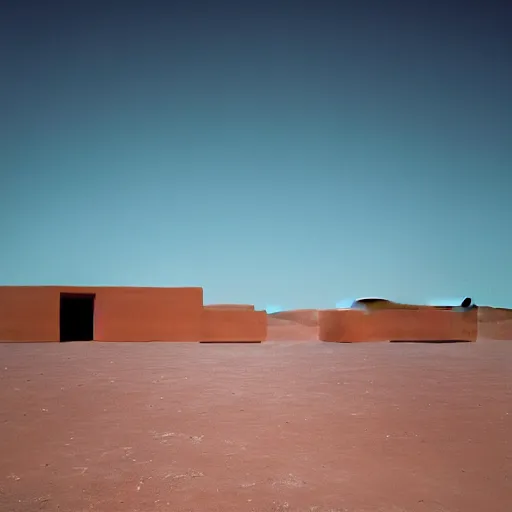 Image similar to a Non-Euclidean clay building sitting in the desert, vintage photo, beautiful cinematography, blue sky, film grain, aerial view, extreme wide shot, far away, symmetrical, in the distance, James Turrell