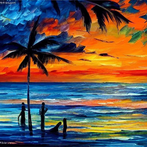 Image similar to sunset on the caribbean bay, by leonid afremov