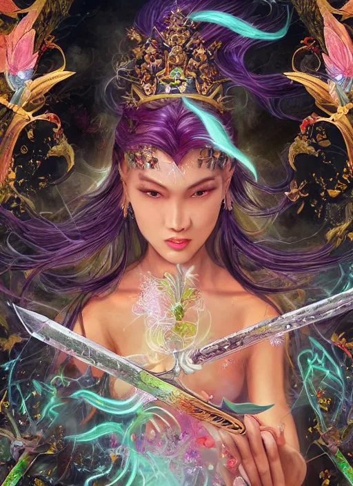 Prompt: close-up of character concept portrait of a Brazillian Japanese Celestial Goddess as a royal lush Singaporean garden wizard conjuring a violent void multiversal spell, a floating iridescent blade sword of chaos from God of War in the center, luxury, high-end, chic, intricate, elegant, digital painting, concept art, smooth, sharp focus, illustration, from Metal Gear, by Ruan Jia and Mandy Jurgens and William-Adolphe Bouguereau, Artgerm