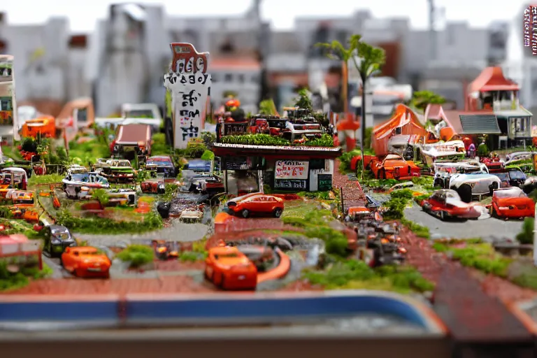 Image similar to miniature town made of sushi, diorama picture, 5 5 mm, sushitown