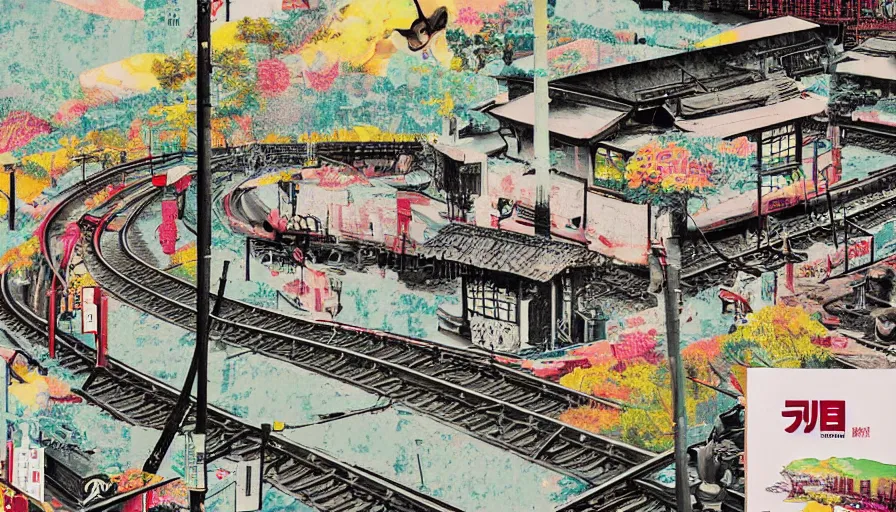 Image similar to Japan rural splendor rail travel and touring c2050, surrealist psychedelic photo-collage painting spot illustration in the style of Newsweek magazine, +81 magazine, minimalist clinical white negative space, clinical muted deep neon color, spot color and metallic inks clean slick design