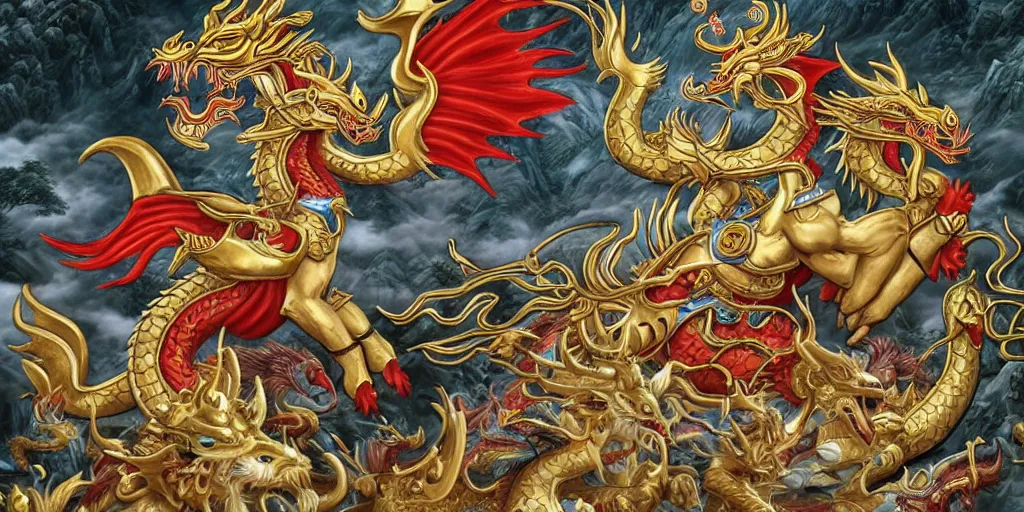 Image similar to chinese god of warcraft controling the four animal guards of the north east south west : : qilin, dragon, tortoise and phoenix, chinese myth, scared animal, legendary creatures of china