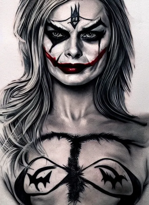 Image similar to tattoo design of margot robbie with joker makeup, ace card, realistic face, black and white, realism tattoo, hyper realistic, highly detailed