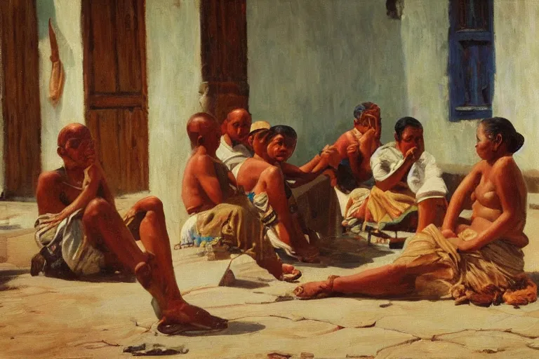 Image similar to Casimiroid native binding tools, genre painting (everyday life by portraying ordinary people), morning light, Archaic cuba, artstation, oil on canvas, by Albert Aublet, Private Collection
