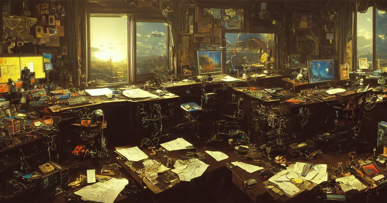 Prompt: Wide view of a hardware geek's desk from the future, full of various electronic hardware components and instruments, incredible sharp detail, back light contrast, dramatic dark atmosphere, bright vivid colours, reclections, metal speculars, painted by Asher Brown Durand , Gustave Dore, George Inness, Martin Johnson Heade