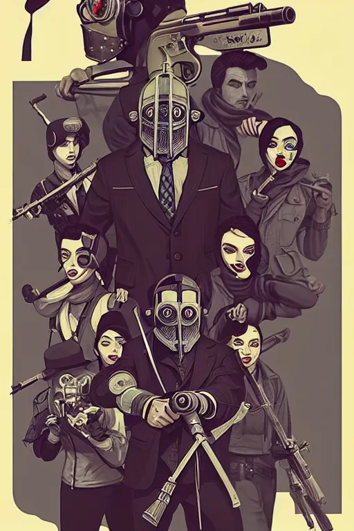 Image similar to 8 k hd wolf gangs use gray bandana, riffle, some of them use gask mask, gray hoodie, group photos, pop art, pixel, bioshock art style, gta chinatown art style, 8 k uhd character details, 8 k uhd art by artgerm richard hamilton and mimmo rottela