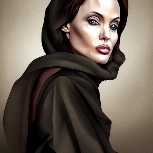 Image similar to moirane damodred as angelina jolie, digital painting